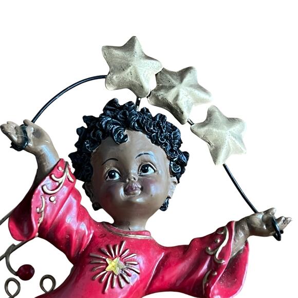 Black African American Angel Ornament Red Gown Gold Stars and Wings - Picture 3 of 4